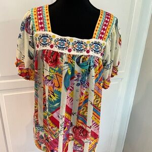 JOHNNY WAS SILK EMBROIDERY PESANT BLOUSE